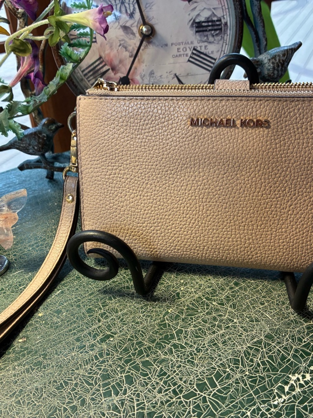 Michael Kors Taupe Pebbled Leather Crossbody Wristlet